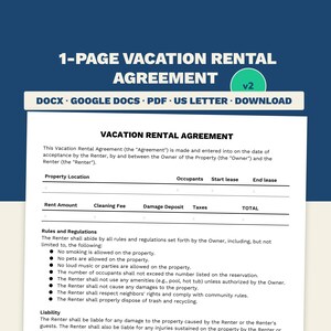 Plantilla de contrato de alquiler vacacional de 1 página / Microsoft Word, PDF y Google Docs / Tamaño carta / Imprimible y editable