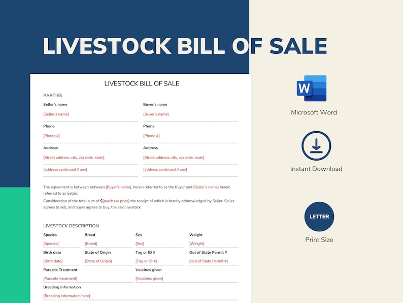 Livestock Bill of Sale Template Form Word Document Letter Size Fully