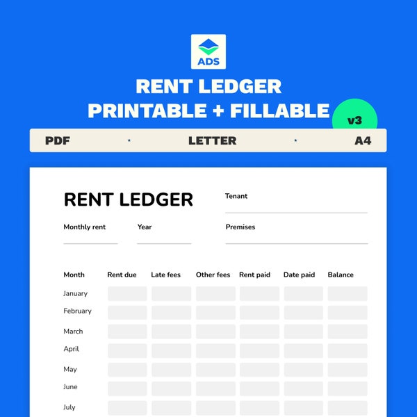 Rent Payment Ledger Printable PDF | Letter Size | Fillable Rent Ledger | Tenant Ledger | Landlord Rental Ledger