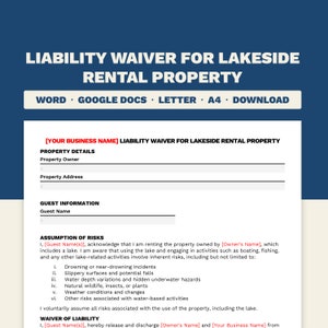 Exención de responsabilidad para la propiedad de alquiler junto al lago / Plantilla editable e imprimible de Microsoft Word y Google Docs / Carta y tamaño de impresión A4