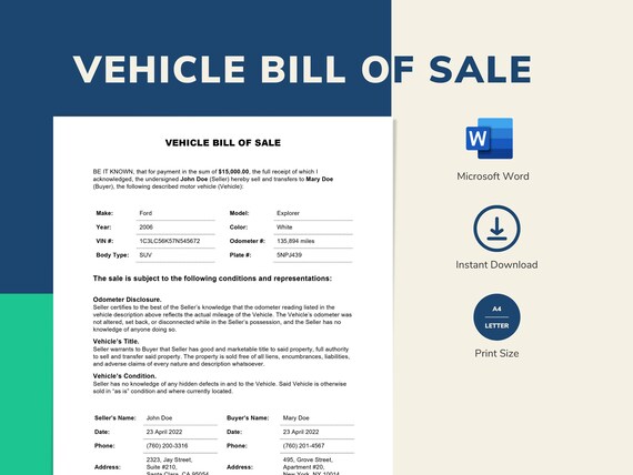 motor vehicle bill of sale template printable and editable etsy