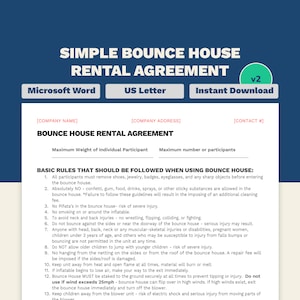 Acuerdo de alquiler de casa de rebote simple/Contrato de casa de rebote inflable/Incluye exención de responsabilidad/Documento de Word tamaño carta de 2 páginas