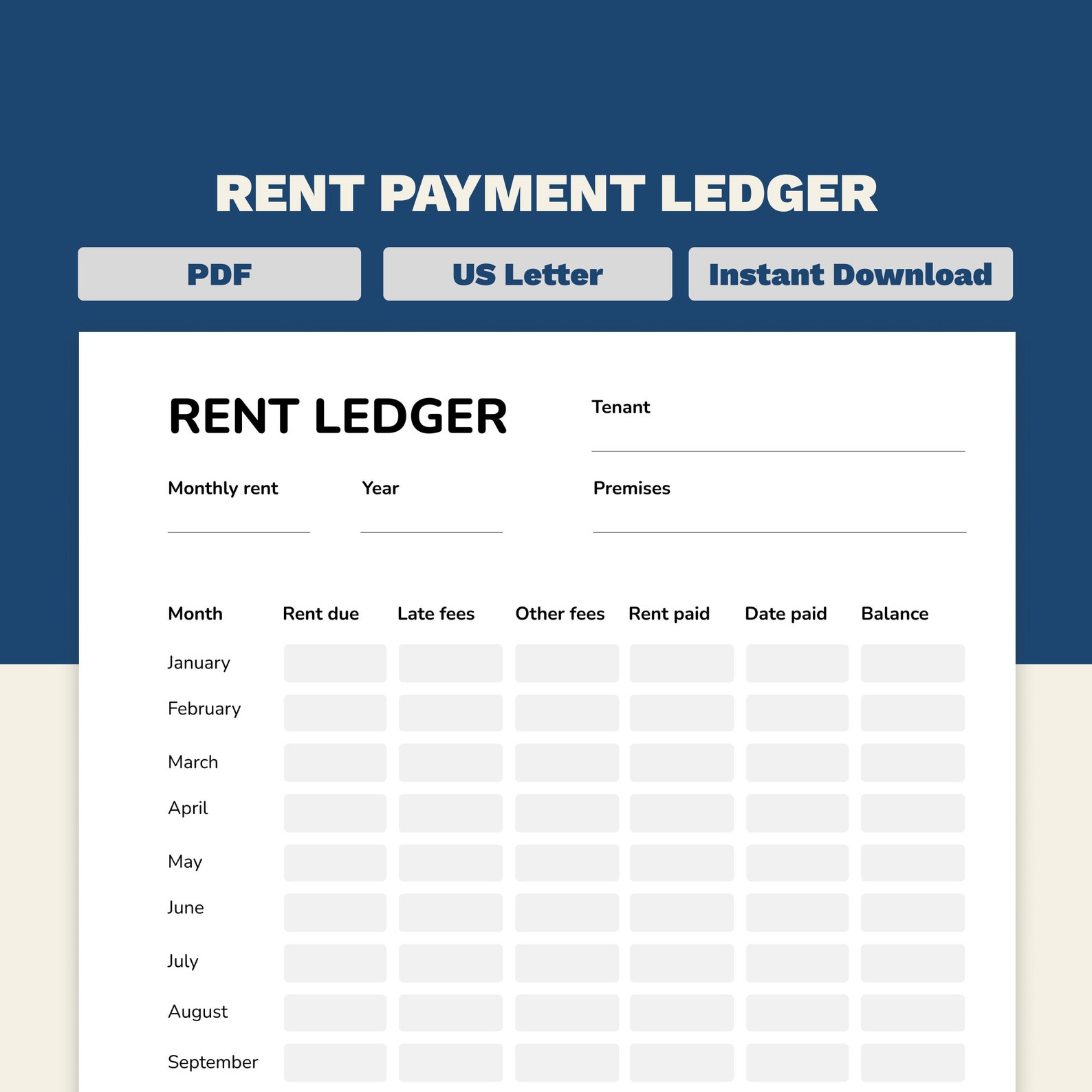 Rent Payment Ledger Printable PDF Letter Size Fillable Rent Ledger