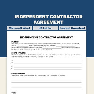 Acuerdo de contratista independiente / Plantilla de contrato 1099 / Acuerdo de contrato de freelancer / Tamaño carta / Editable e imprimible