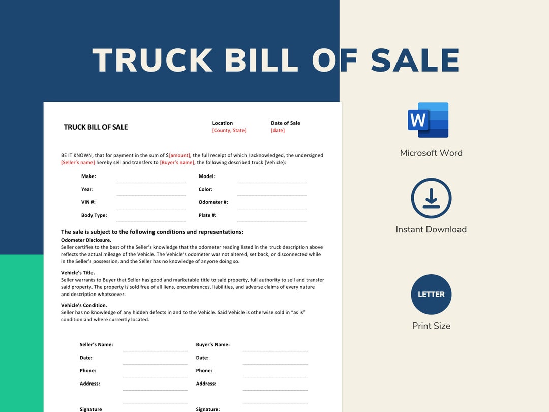 Truck Bill of Sale 1 Page Vehicle Bill of Sale Letter Size Word