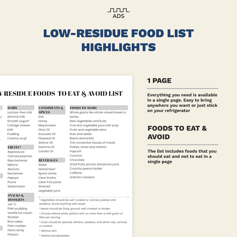 Low Residue Diet Food List Guide PDF Printable for IBD, Crohn's