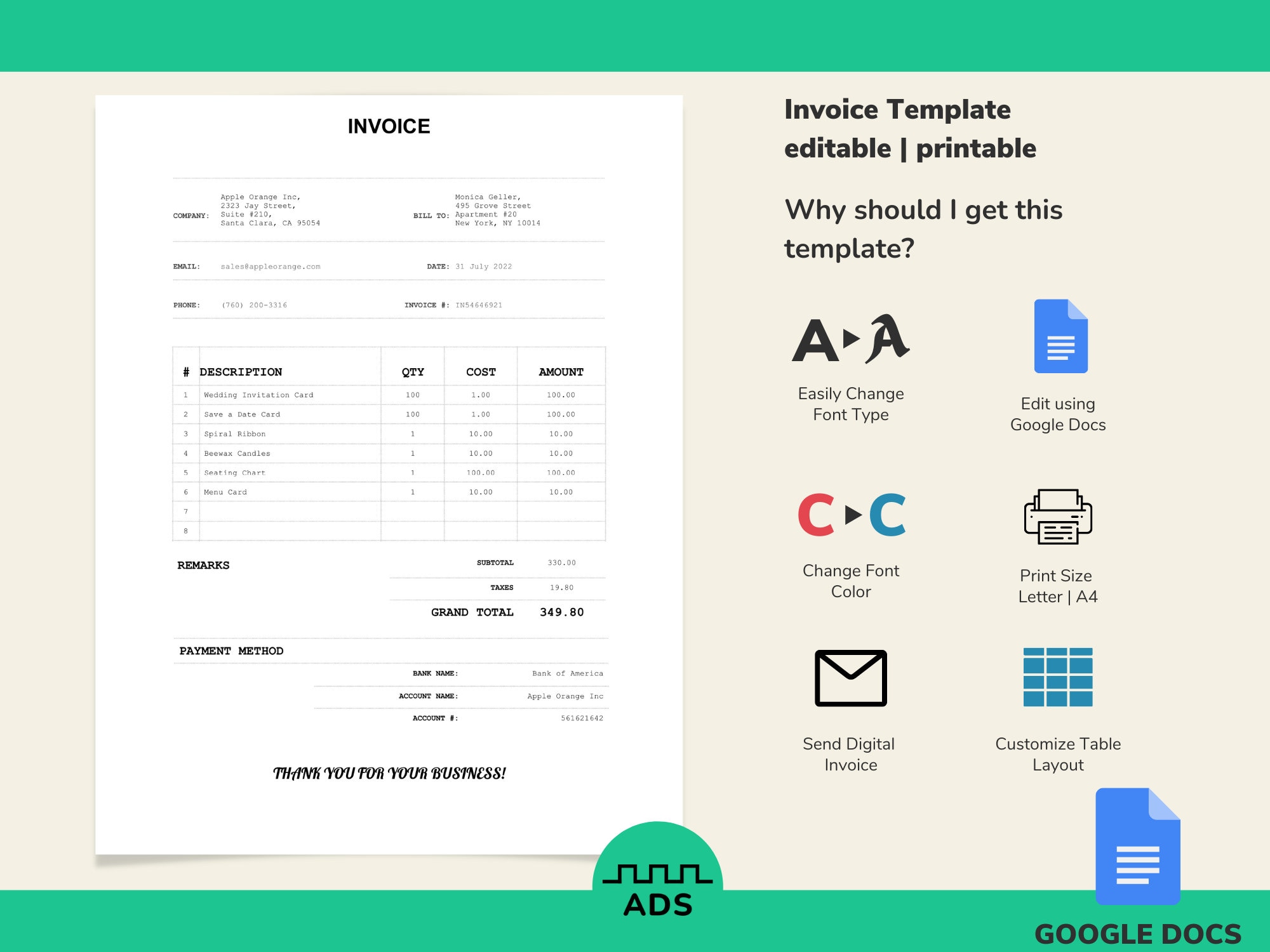 invoice template google docs business invoice template etsy
