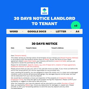 Aviso de 30 días de propietario a inquilino / Plantilla de Microsoft Word y Google Docs / Tamaño carta