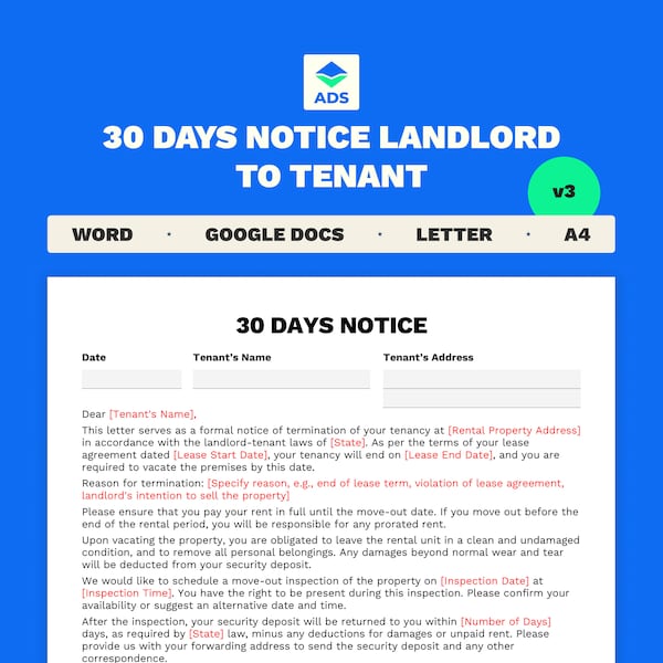 30 Days Notice Landlord to Tenant | Microsoft Word & Google Docs Template | Letter Size