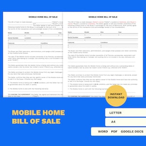 Factura de venta de casas móviles / Plantilla de Microsoft Word / PDF / Google Docs / Tamaño de impresión: Carta y A4
