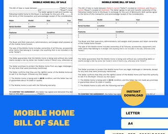 Mobile Home Bill of Sale | Microsoft Word | PDF | Google Docs Template | Print Size - Letter & A4