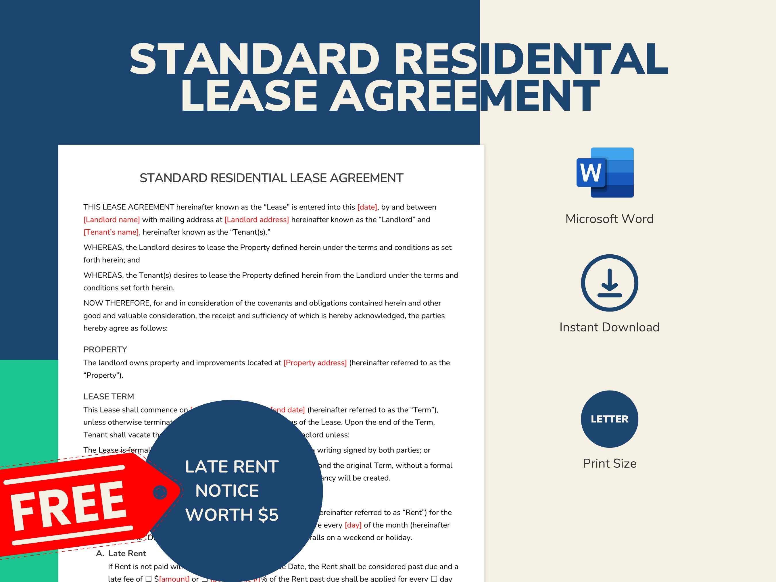 Standard Residential Lease Agreement FREE Late Rent Notice Included