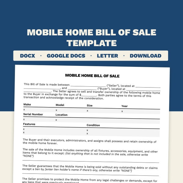 Mobile Home Bill of Sale | Microsoft Word + Google Docs Template | Print Size - Letter