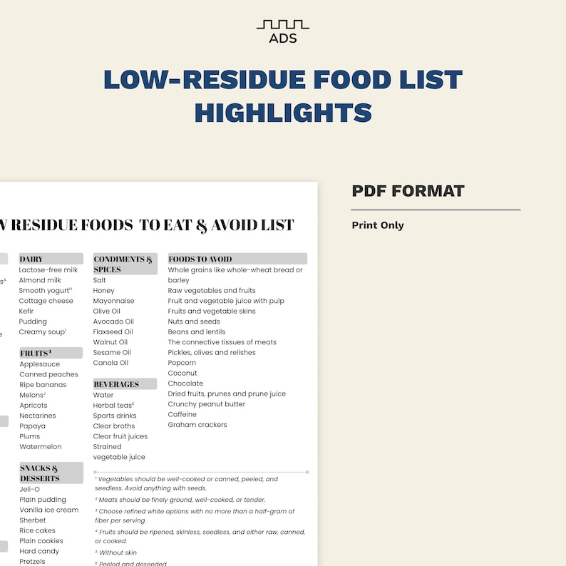 Low Residue Diet Food List Guide PDF Printable for IBD, Crohn's