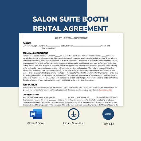 One Page Salon Suite Booth Rental Agreement Template | Editable Word Document | Prints in Letter Size