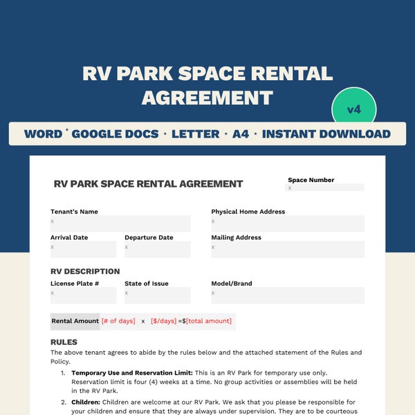 RV Parking Space Rental Agreement | RV Lot Rental Agreement | Letter Size Editable & Printable Word Template | 2 Page