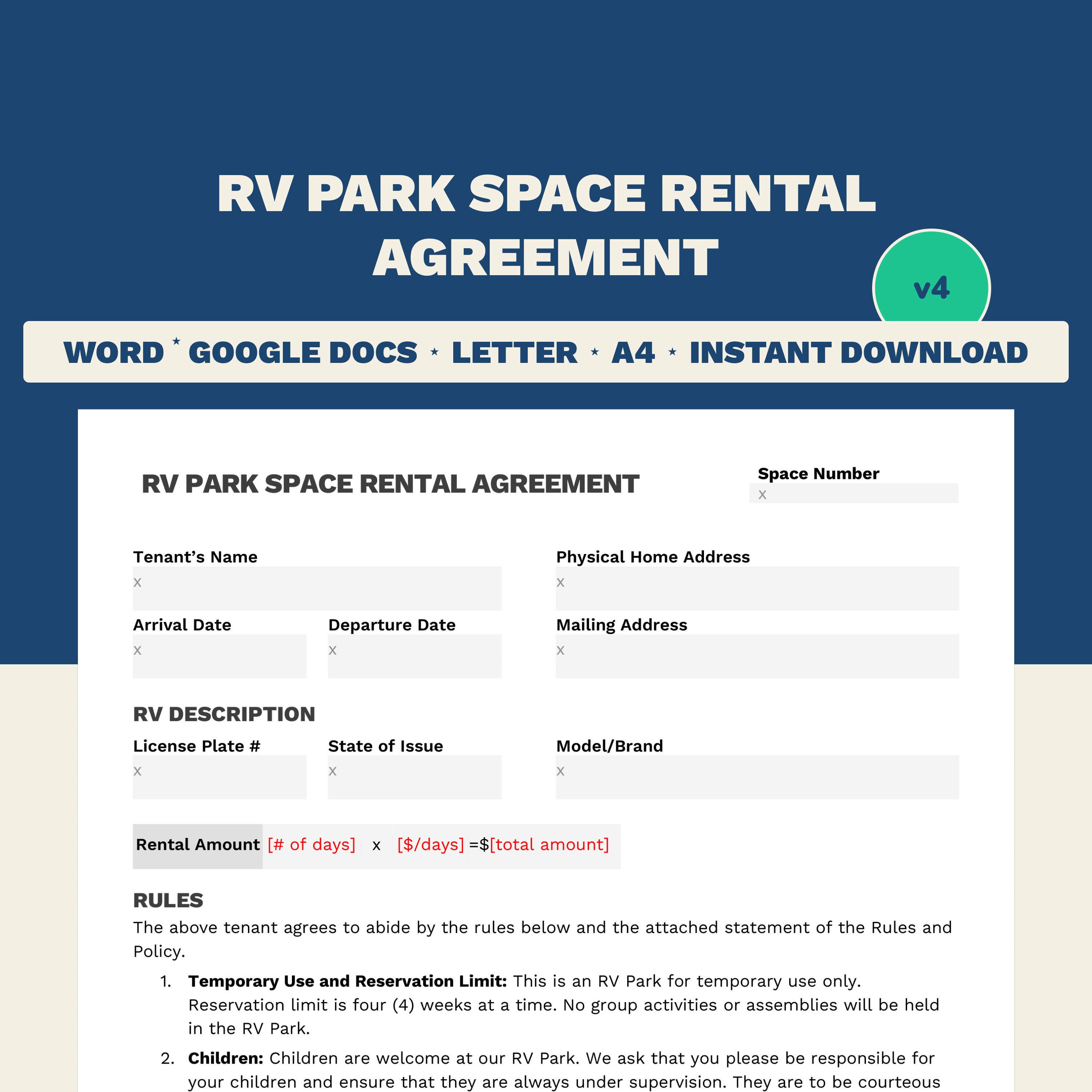 RV Parking Space Rental Agreement RV Lot Rental Agreement Letter Size RV Parking Space Rental Agreement RV Lot Rental Agreement Letter Size