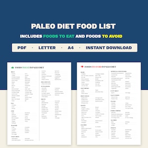 Peut inclure: Une liste d'aliments pour le régime paléo imprimable avec deux colonnes. La colonne de gauche liste les aliments à manger, y compris la viande, les fruits de mer, les légumes, les fruits, les noix et les graines. La colonne de droite liste les aliments à éviter, y compris les produits laitiers, les édulcorants artificiels, les viandes grasses, les aliments salés, les collations, les boissons énergisantes, l'alcool et les sucreries.