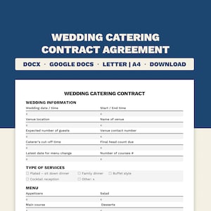 Wedding Catering Contract Agreement Template | Printable and Editable Microsoft Word & Google Docs | Letter and A4 size