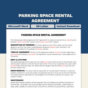 Contrato de alquiler de espacio de estacionamiento / Estacionamiento de automóviles / Contrato de arrendamiento de espacio / Tamaño de letra / Plantilla de Microsoft Word
