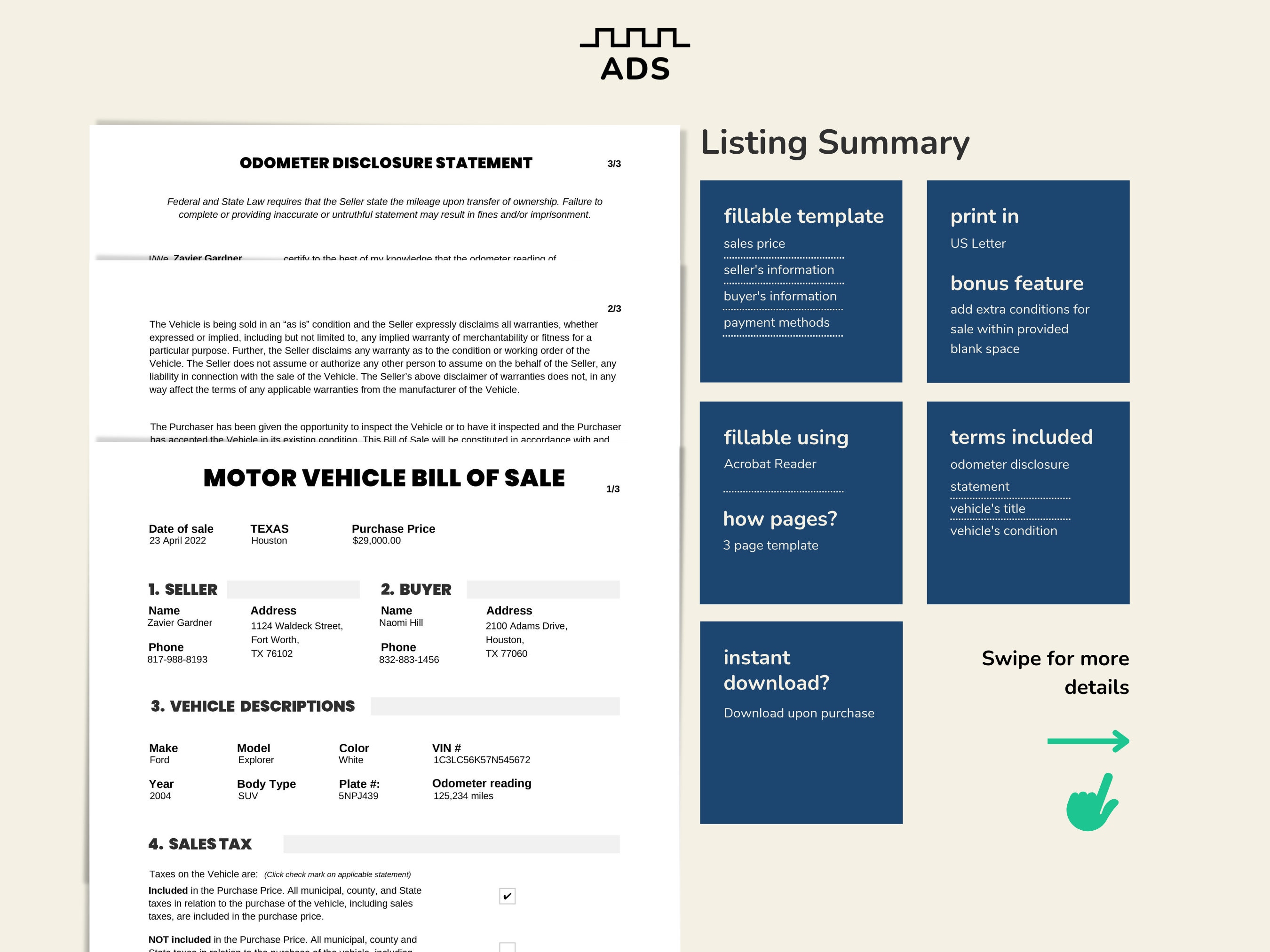 texas vehicle bill of sale template fillable printable pdf etsy