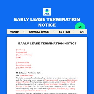 Carta de aviso de terminación anticipada del arrendamiento al propietario/inquilino / Carta de terminación del alquiler / Documento de Word de 1 página / Totalmente editable / Tamaño de carta