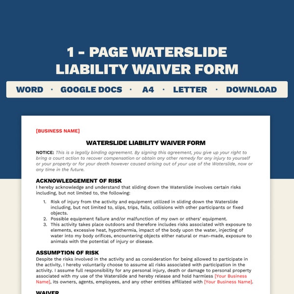 Waterslide Liability Waiver Form | 1 Page Template | Microsoft Word and Google Docs Format | Fully Editable and Printable