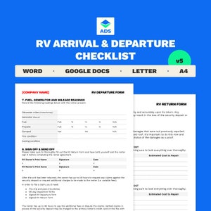 Lista de verificación de alquiler de vehículos recreativos / Lista de verificación de salida y regreso de vehículos recreativos / Plantillas de Microsoft Word y Google Docs / Tamaño carta y A4 / 7 páginas