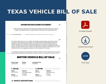 texas vehicle bill of sale template fillable printable pdf etsy