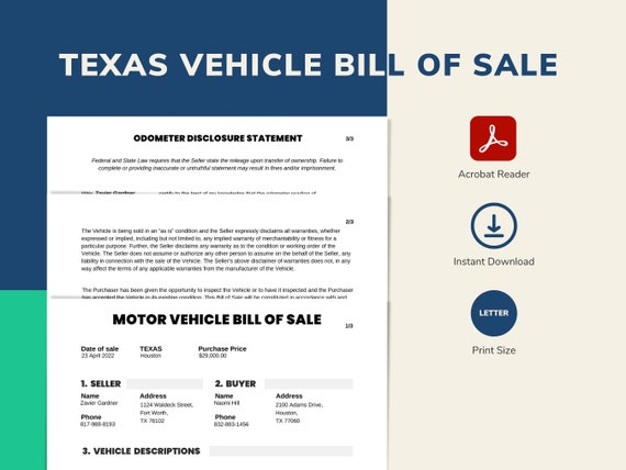 texas vehicle bill of sale template fillable printable pdf etsy