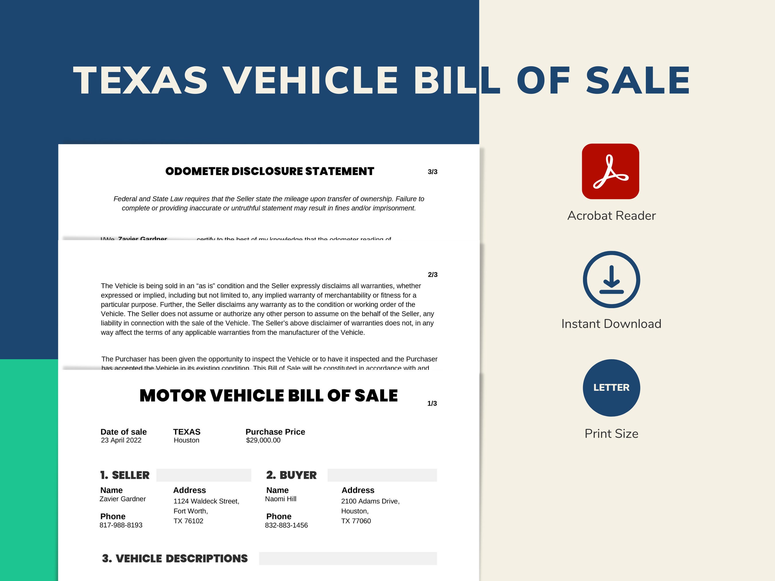 texas vehicle bill of sale template fillable printable pdf etsy