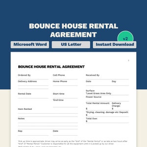 Acuerdo de alquiler de casa de rebote inflable / Tamaño carta / Acuerdo de alquiler de saltadores / Plantilla de Word / 8 páginas / Diseño minimalista