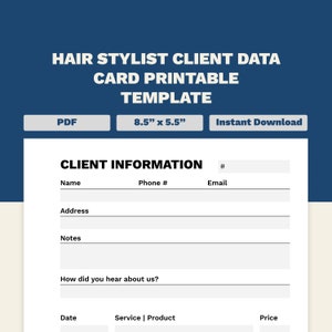 Printable Hair Stylist Client Profile Template: 8.5&quot; x 5.5&quot; Data Card (PDF)