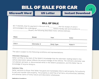 Bill of Sale for Car Template Printable and Editable | Available in Word | Sizes in Letter and A4 | Motor Vehicle Bill of Sale