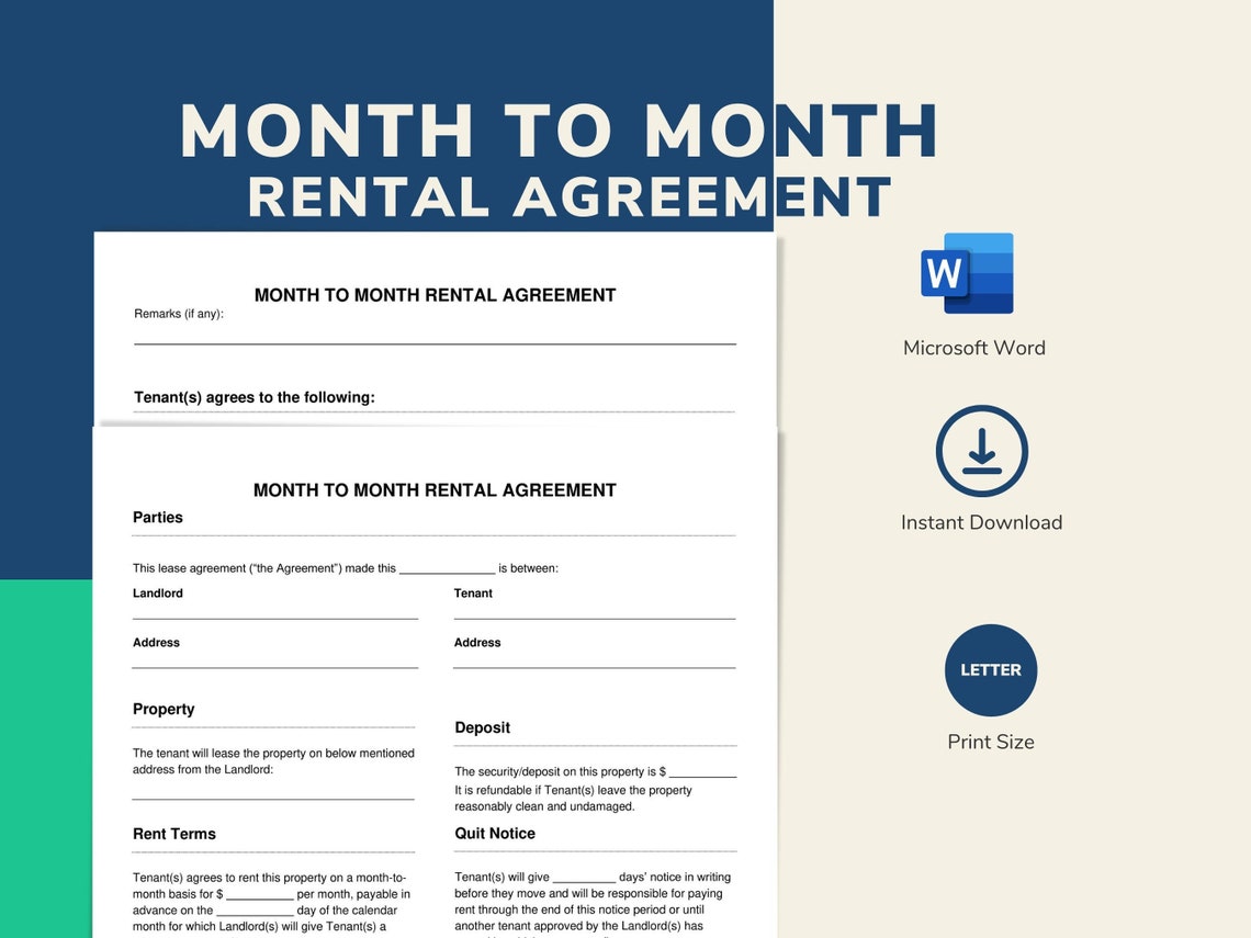Simple Month to Month Rental Agreement Editable | Letter Size ...