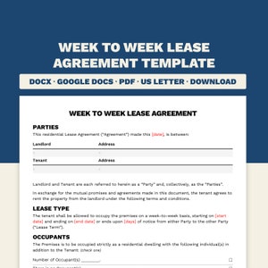 Plantilla de contrato de alquiler semanal / Alquiler semanal / Tamaño carta / Formulario editable de Microsoft Word y Google Docs / PDF imprimible