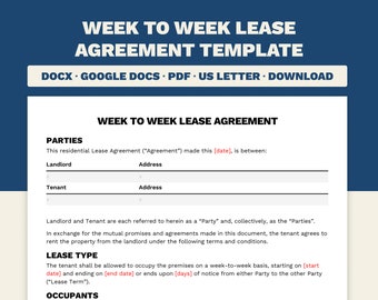 Week to Week Lease Rental Agreement Template | Weekly Rental | Letter Size | Editable Microsoft Word & Google Docs Form | Printable PDF