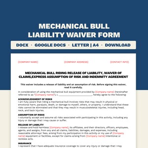 Formulario de exención de responsabilidad de toro mecánico / Exención de responsabilidad de toro de rodeo / Plantilla de Microsoft Word y Google Docs / Tamaño carta y A4