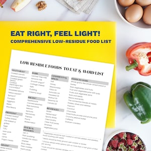 Guía de lista de alimentos para una dieta baja en residuos / PDF imprimible para EII, enfermedad de Crohn, colitis / Tamaños carta y A4 / Salvavidas para la salud digestiva