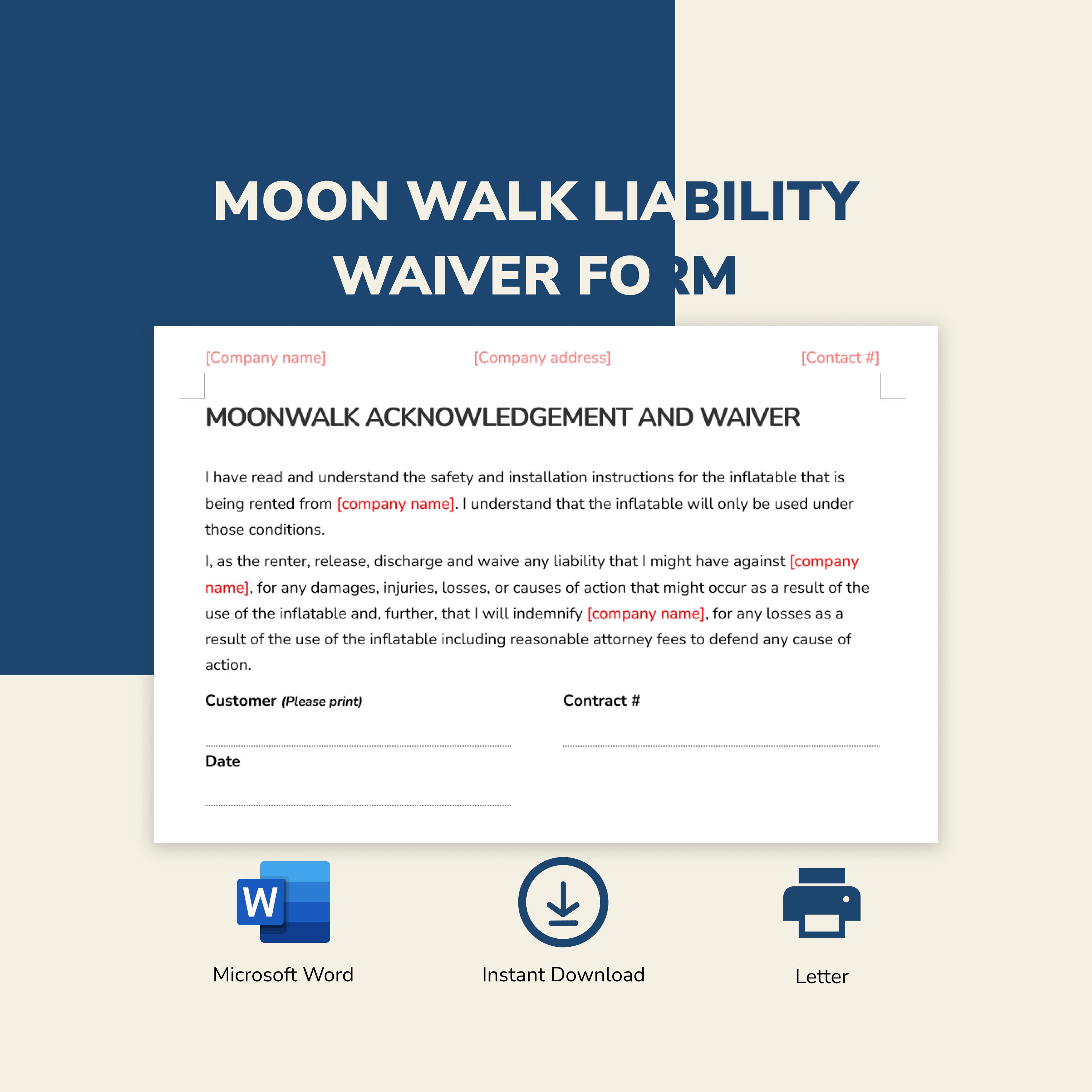 Moon Walk Liability Waiver Form | 4 Page Word Document | Release Form ...