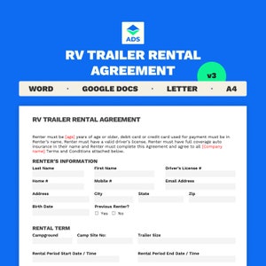RV Trailer Rental Agreement | Short term Rental RV Camper | 5 Page Word Editable & Printable