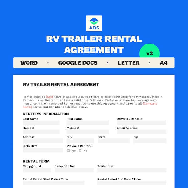 RV Trailer Rental Agreement | Short term Rental RV Camper | 5 Page Word Editable & Printable