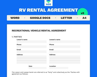 RV Rental Agreement | Short Term Rental RV Camper Word 4 Page Template |