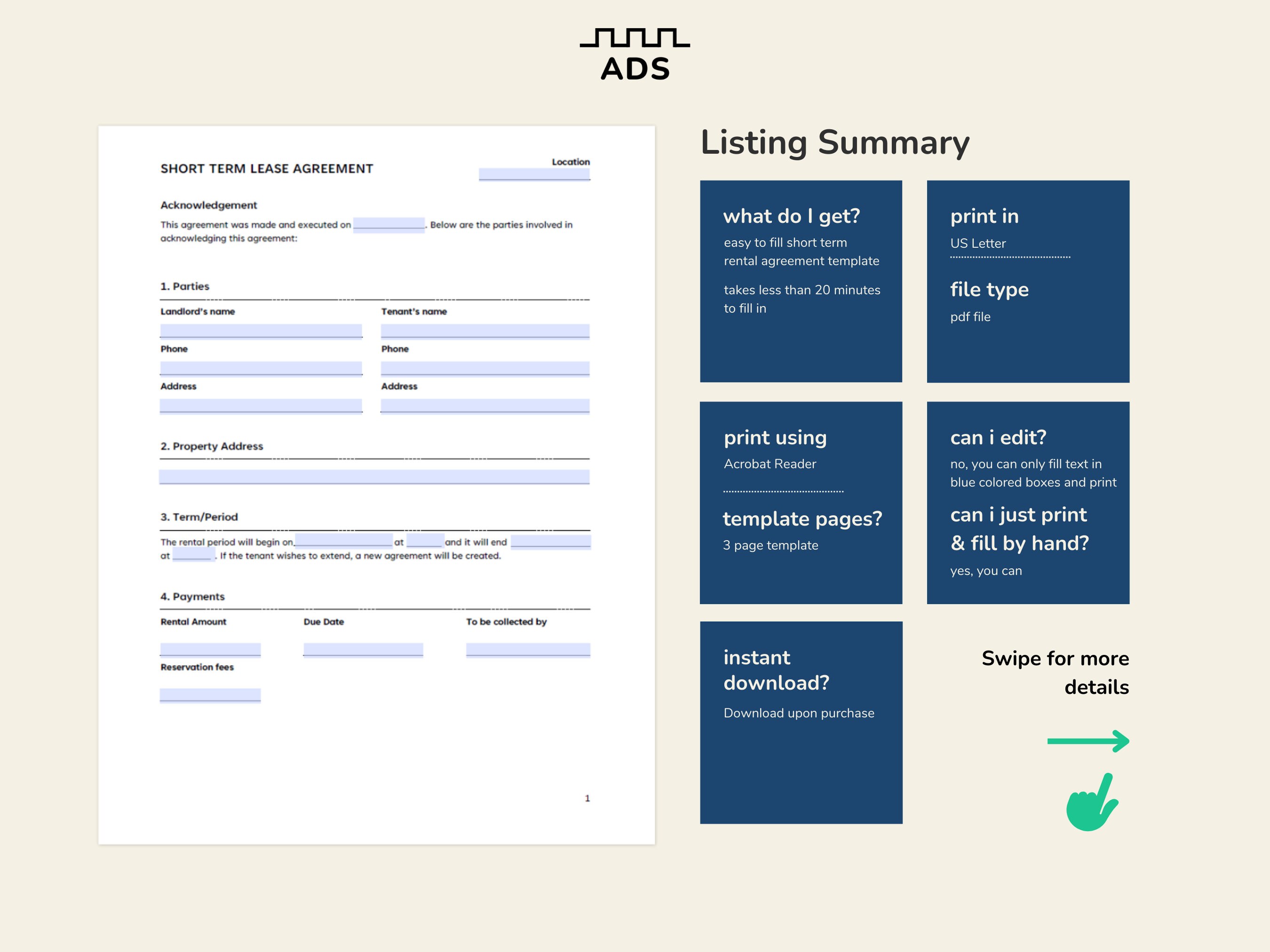 Printable Short Term Rental Agreement Fillable PDF Document - Etsy