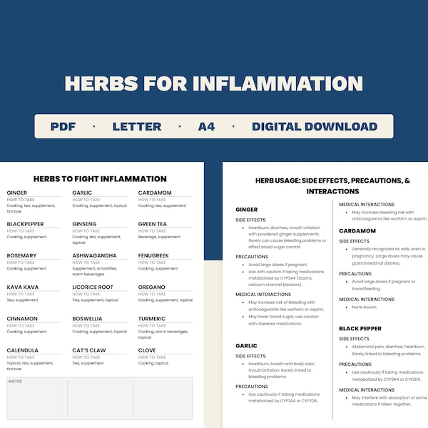 Guida alle erbe per l'infiammazione / Elenco delle erbe antinfiammatorie / Formato stampa Lettera e A4 / PDF stampabile