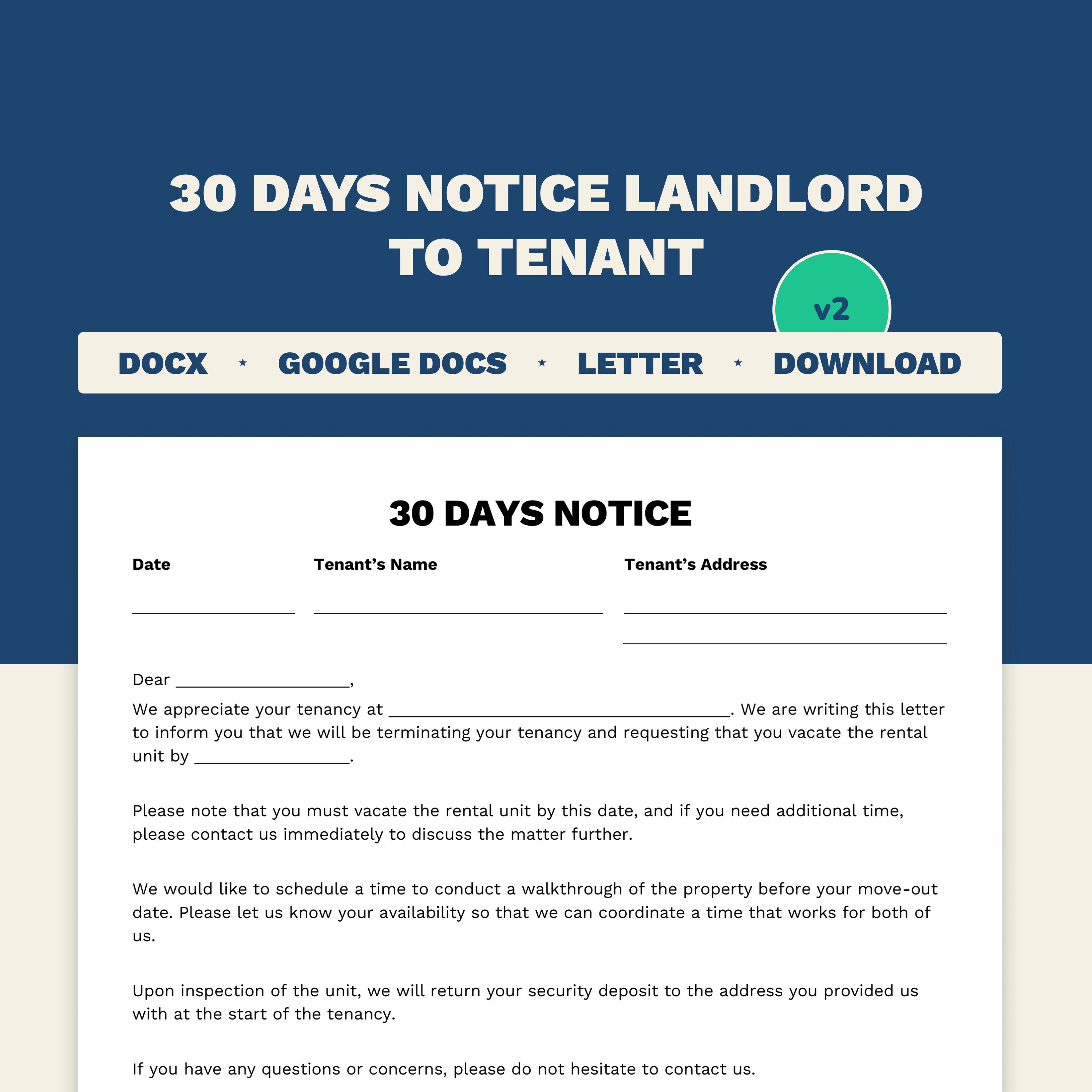 30 Days Notice Landlord to Tenant Microsoft Word & Google Docs Template