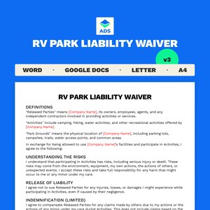 Plantilla de exención de responsabilidad de estacionamiento de vehículos recreativos / Documento de Word tamaño carta imprimible y editable / 2 páginas