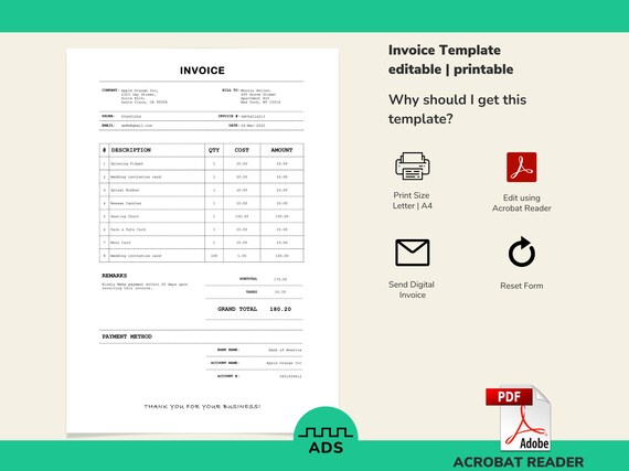 invoice template pdf edit printable fillable pdf invoice etsy