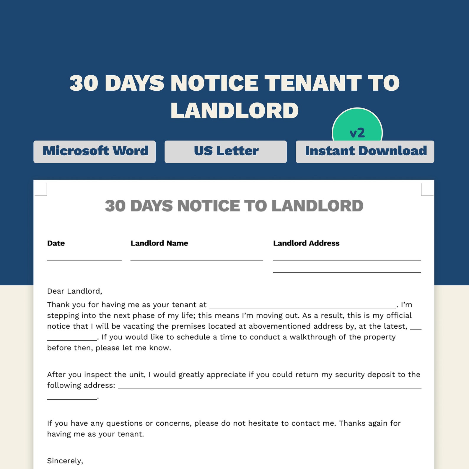 30 Days Notice Tenant to Landlord Move Out Notice 30 Day Etsy