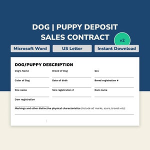 Contrato de depósito de venta de perros / cachorros + Plantilla de factura de venta imprimible / Perfecto para criadores y compradores / Tamaño carta / Documento de Word de 5 páginas